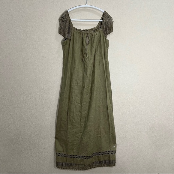 Saint Tropez West Carole Little Crochet  Dress Linen Green Khaki Maxi SZ 6 Fairy - Picture 6 of 10